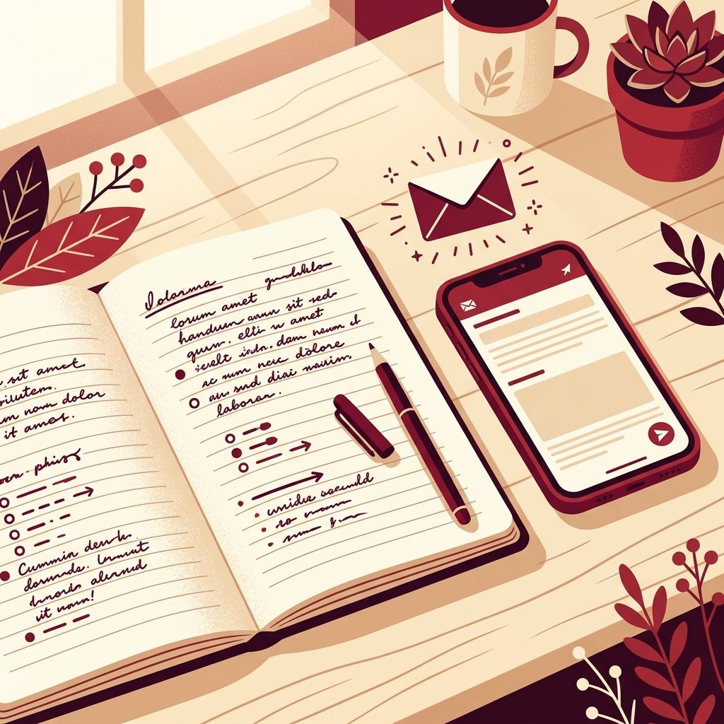 AI writing prompts for emails: a notebook with bullet points beside a smartphone showing an email draft