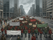 Belgium Austerity Protest: Clashes in Brussels over Budget Cuts AI-generated illustration of a large crowd of demonstrators in red and green clothing marching down a city avenue holding blank banners under an overcast sky