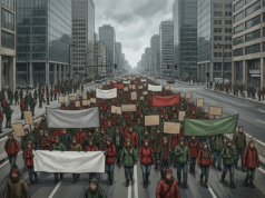 Belgium Austerity Protest: Clashes in Brussels over Budget Cuts AI-generated illustration of a large crowd of demonstrators in red and green clothing marching down a city avenue holding blank banners under an overcast sky