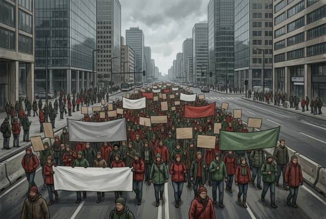 AI-generated illustration of a large crowd of demonstrators in red and green clothing marching down a city avenue holding blank banners under an overcast sky