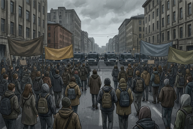 AI-generated illustration of a crowd of young people with banners marching toward a line of police vans and barriers on an overcast city street