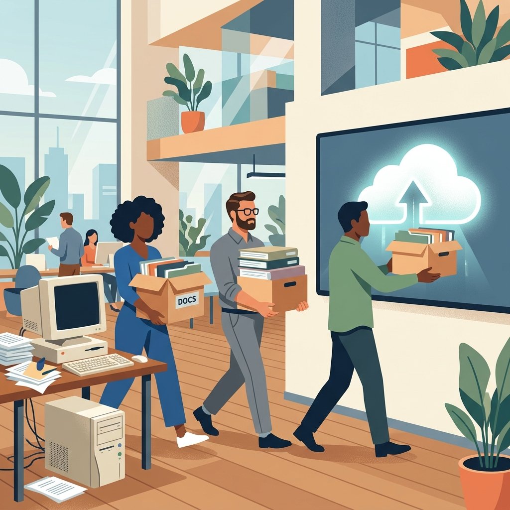 Team migrating files to cloud storage for business from old computers