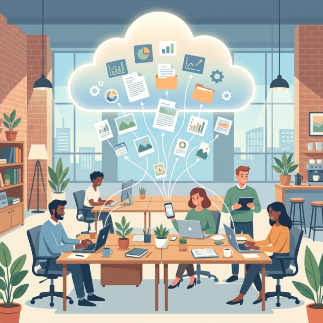 Cloud storage for business: an AI-generated illustration of a small office where documents float up into a glowing cloud connected to laptops and phones