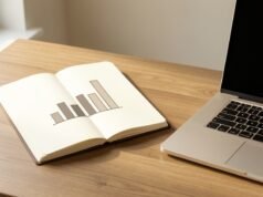Business Plan for Small Business: The Sections That Matter and How to Test Them Notebook with a bar chart and laptop on a desk, representing a small business plan