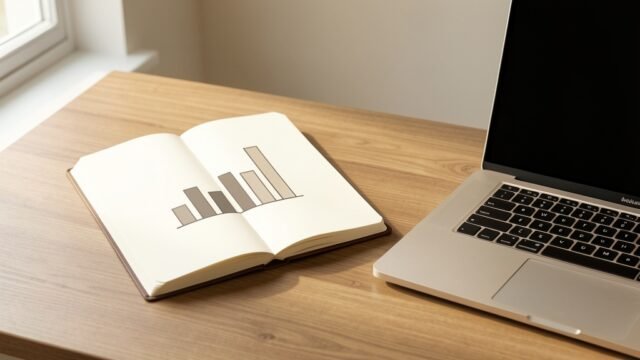 Notebook with a bar chart and laptop on a desk, representing a small business plan