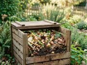 Composting at Home: A Beginner’s Guide to Turning Kitchen Waste into Soil Compost bin with kitchen scraps and dry leaves in a garden