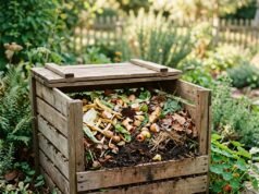 Composting at Home: A Beginner’s Guide to Turning Kitchen Waste into Soil Compost bin with kitchen scraps and dry leaves in a garden