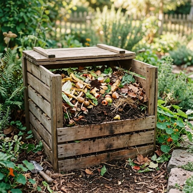 Compost bin with kitchen scraps and dry leaves in a garden