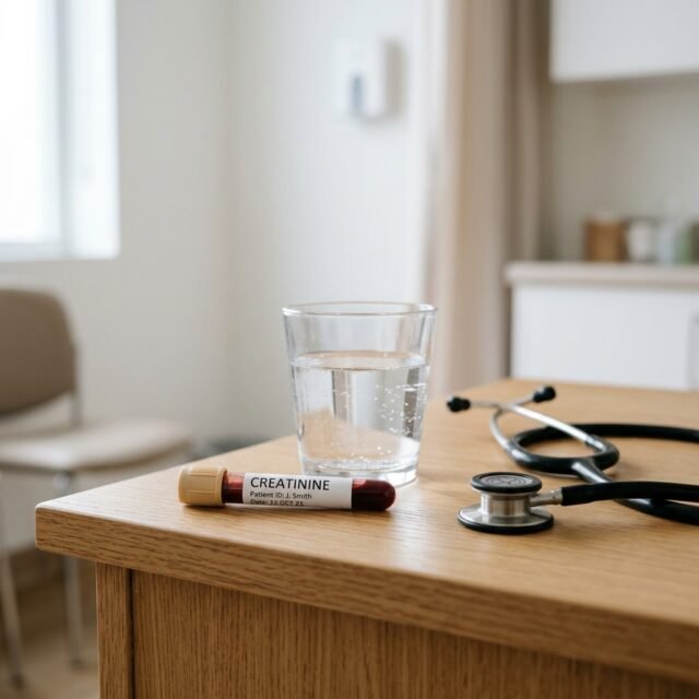 creatinine-levels-normal-range-how-to-lower hero Blood test tube labelled creatinine beside a glass of water