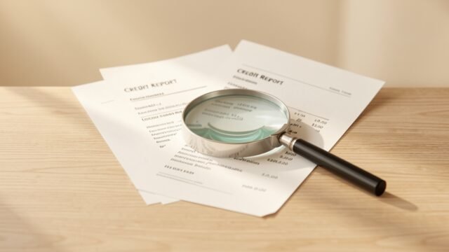 Credit report pages with a magnifying glass on a desk