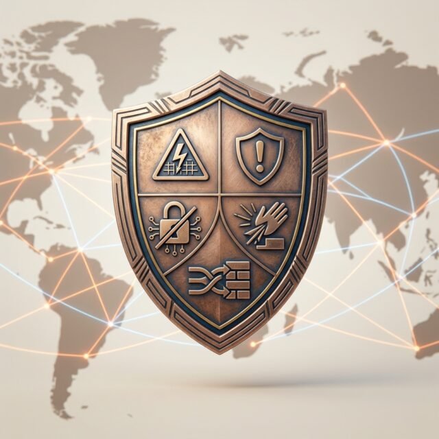 Shield icon with warning symbols over a global network map