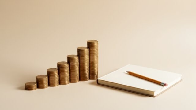 debt-payoff hero Stacked coins rising in steps beside a notebook, representing a debt payoff plan