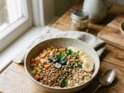 Dietary Fibre: How Much You Need and the Best Foods to Get It Bowl of lentils, oats, vegetables and fruit on a kitchen table