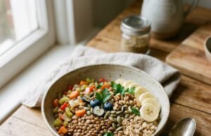 Bowl of lentils, oats, vegetables and fruit on a kitchen table