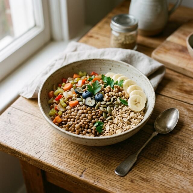 dietary-fibre-how-much-and-where-to-find-it hero Bowl of lentils, oats, vegetables and fruit on a kitchen table