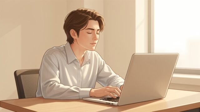 Person resting eyes while looking at a laptop screen