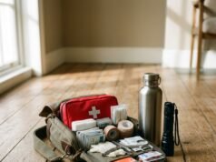Earthquake Preparedness: A Home Checklist for Before, During and After Emergency kit with water, torch and first aid supplies on a floor