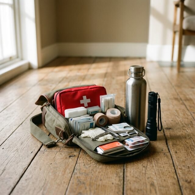 Emergency kit with water, torch and first aid supplies on a floor