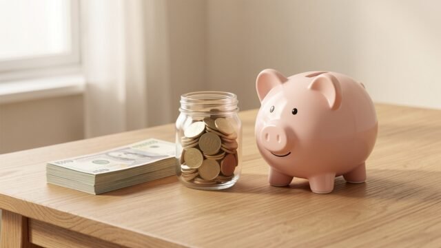 emergency-fund hero Glass jar of coins and banknotes beside a piggy bank, representing an emergency fund