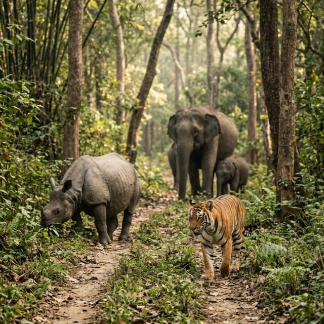 Illustration of extinct Indian wildlife in a forest