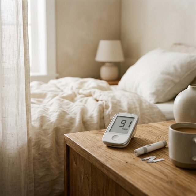 fasting-blood-sugar-91-mg-dl-is-it-normal hero Glucose meter showing 91 mg/dL on a morning bedside table