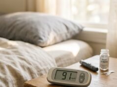 Fasting Blood Sugar 91 mg/dL: Is It Normal or Pre-Diabetic? Glucose meter showing 91 mg/dL on a morning bedside table