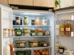 Food Storage at Home: Safe Shelf Life for Fridge, Freezer and Pantry Fridge shelves with labelled containers of fruit, vegetables and leftovers