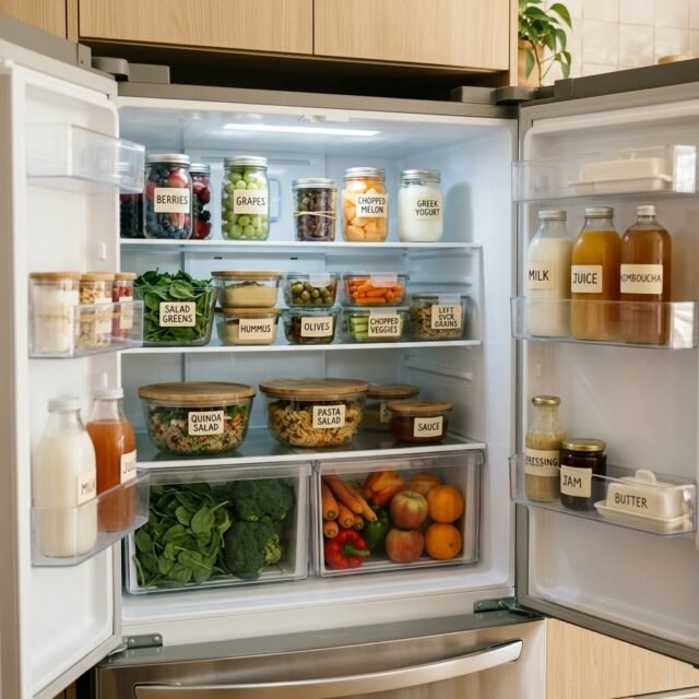 Fridge shelves with labelled containers of fruit, vegetables and leftovers