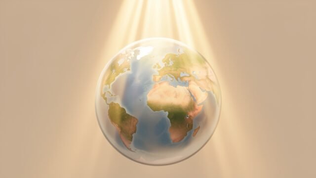 Sunlight passing through the atmosphere over a globe, illustrating the greenhouse effect