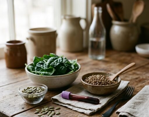 Hemoglobin Levels: Normal Range by Age and How to Raise Low Hemoglobin Blood test tube beside iron-rich foods including spinach and lentils