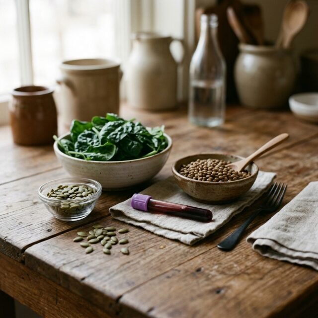 hemoglobin-levels-normal-range hero Blood test tube beside iron-rich foods including spinach and lentils