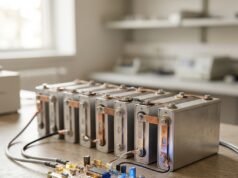 How Batteries Work: The Chemistry Inside Every Cell Row of battery cells on a laboratory bench with a glowing circuit