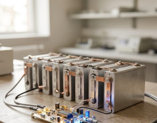How Batteries Work: The Chemistry Inside Every Cell Row of battery cells on a laboratory bench with a glowing circuit