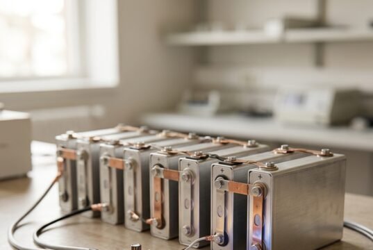 How Batteries Work: The Chemistry Inside Every Cell Row of battery cells on a laboratory bench with a glowing circuit