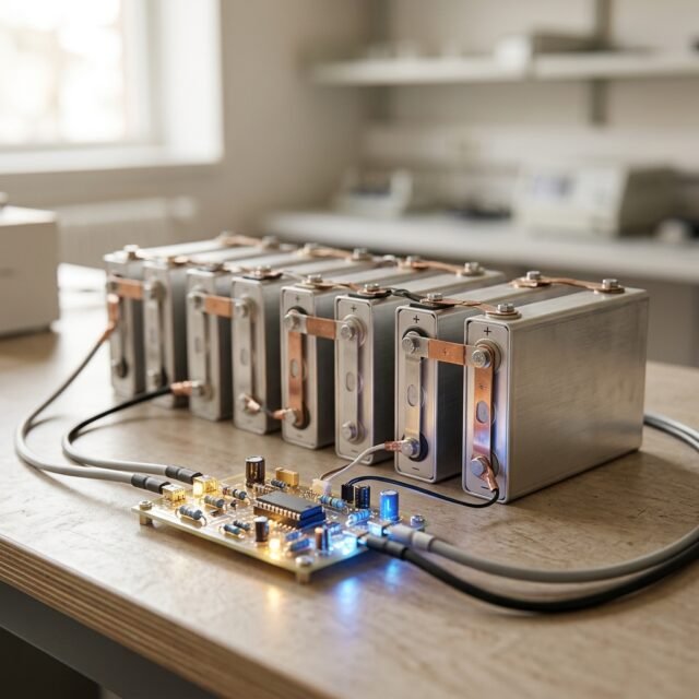 how-batteries-work-chemistry hero Row of battery cells on a laboratory bench with a glowing circuit