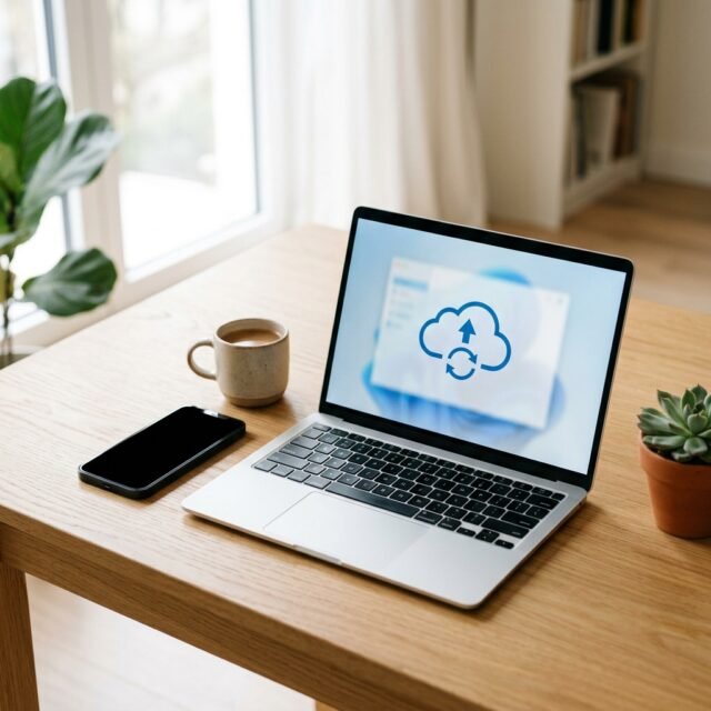 Smartphone beside a laptop with a cloud backup icon