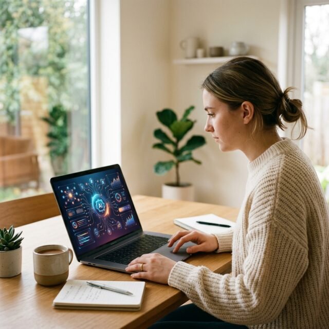 Person working on a laptop with AI graphics on screen