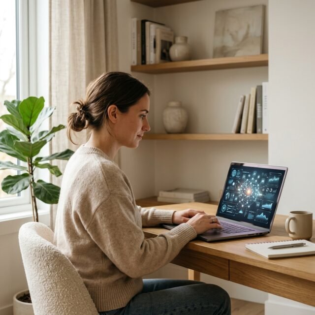 Person working on a laptop with AI graphics on screen