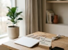 How to Find, Share and Change Your Wi-Fi Password on Any Device Router with a Wi-Fi password label beside a smartphone