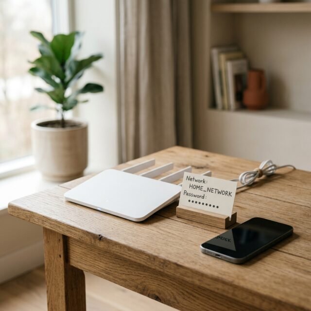 Router with a Wi-Fi password label beside a smartphone