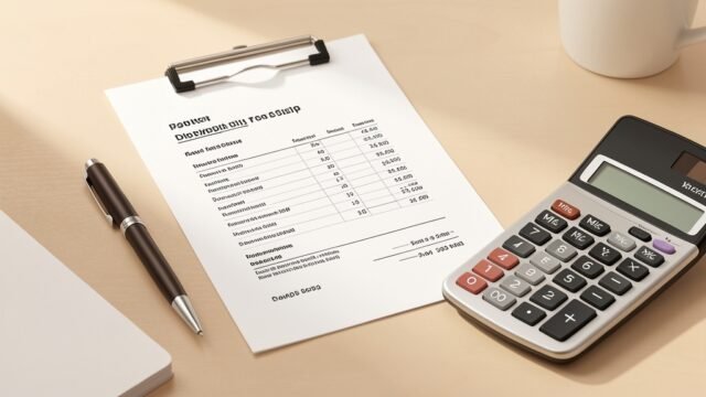 how-to-read-payslip hero Payslip document with a pen and calculator on a desk