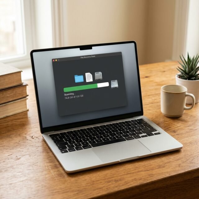 Laptop screen showing a file recovery scan in progress