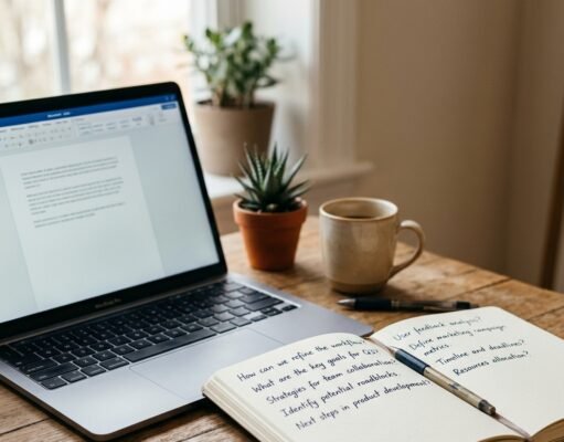Job Interview Preparation: How to Research, Practise and Answer With Confidence Notebook with interview questions beside a laptop on a desk