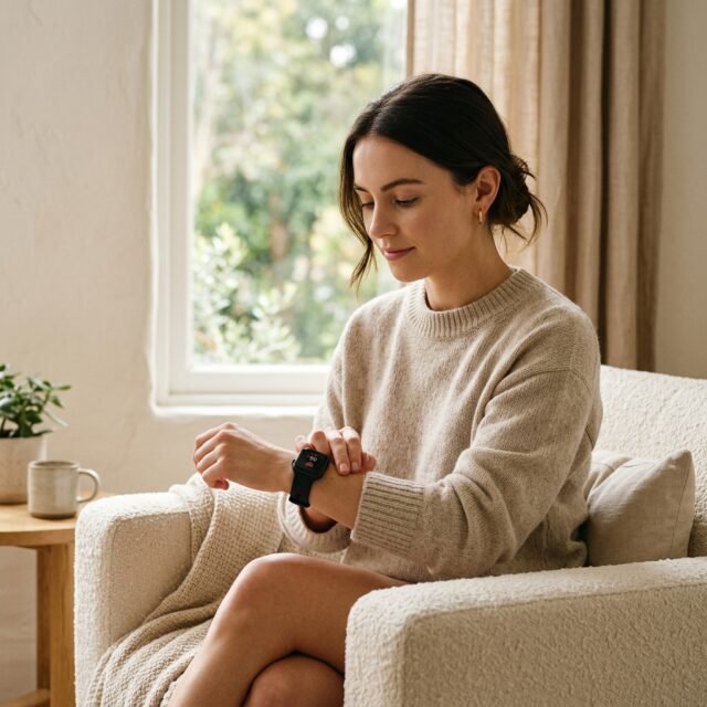 Person checking their pulse on a smartwatch while resting