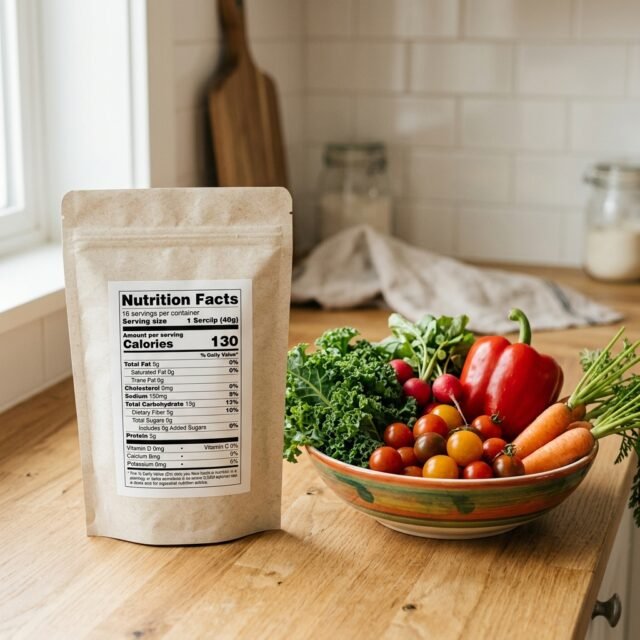 Food package with a nutrition label beside fresh vegetables