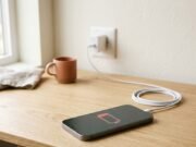 Phone Battery Draining Fast? 8 Fixes That Actually Work Smartphone showing a low battery icon on a desk