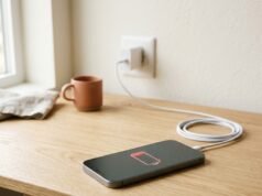 Phone Battery Draining Fast? 8 Fixes That Actually Work Smartphone showing a low battery icon on a desk