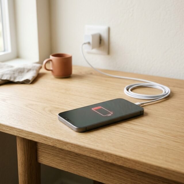 Smartphone showing a low battery icon on a desk
