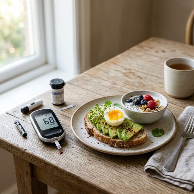 postprandial-blood-sugar-after-meal-levels hero Glucose meter showing a reading beside a plate of food