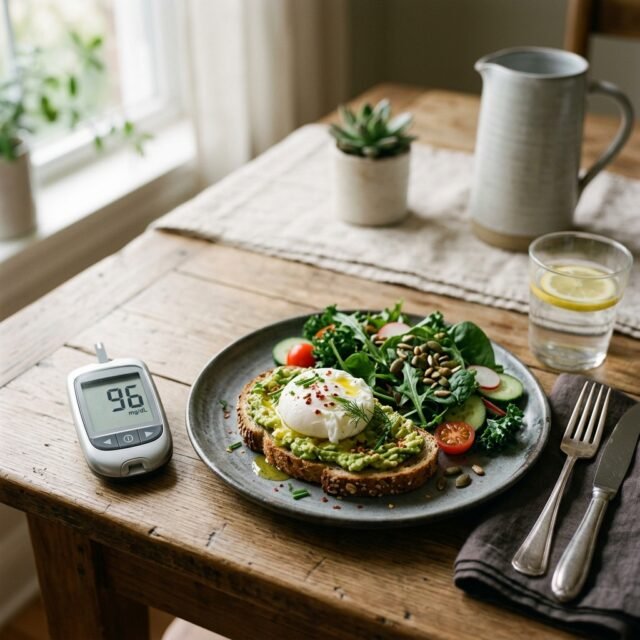 postprandial-blood-sugar-after-meal-levels hero Glucose meter showing a reading beside a plate of food